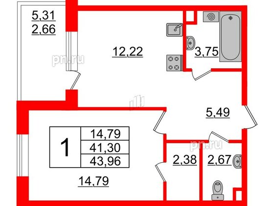 Квартира в ЖК Энфилд, 1 комнатная, 43.96 м², 2 этаж