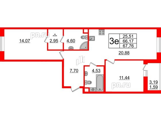 Квартира в ЖК Энфилд, 2 комнатная, 66.36 м², 2 этаж