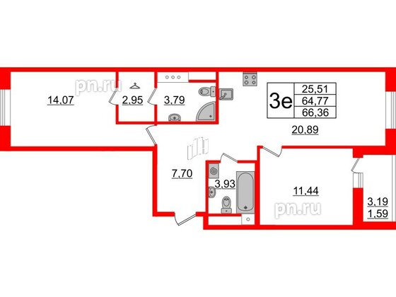 Квартира в ЖК Энфилд, 2 комнатная, 66.36 м², 3 этаж