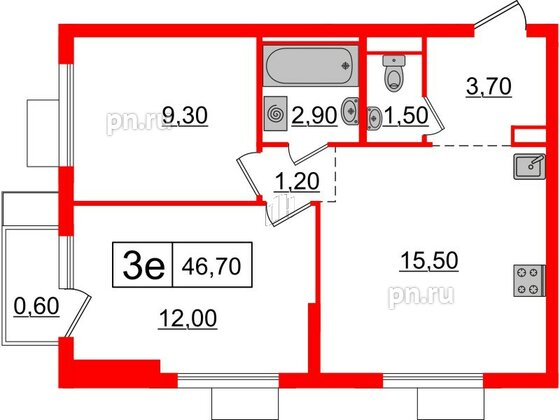 Квартира в ЖК Витебский парк, 2 комнатная, 46.7 м², 6 этаж