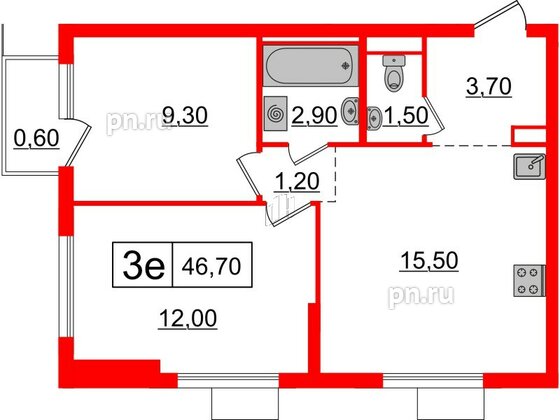 Квартира в ЖК Витебский парк, 2 комнатная, 46.7 м², 11 этаж