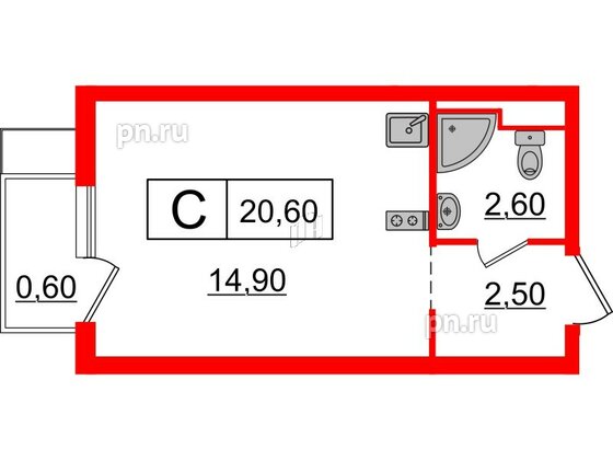 Квартира в ЖК Витебский парк, студия, 20.6 м², 4 этаж