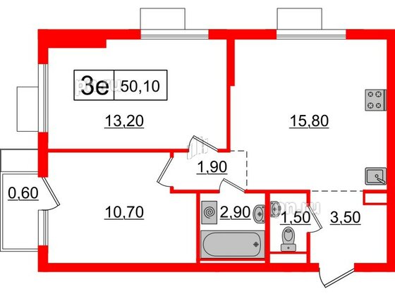 Квартира в ЖК Витебский парк, 2 комнатная, 50.1 м², 6 этаж