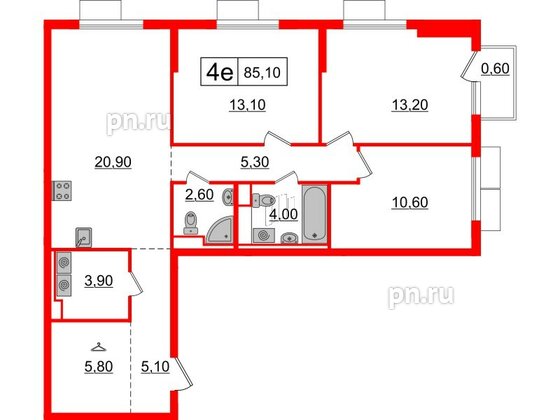 Квартира в ЖК Витебский парк, 3 комнатная, 85.1 м², 10 этаж