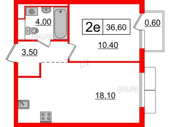 Квартира в ЖК Витебский парк, 1 комнатная, 36.6 м², 10 этаж