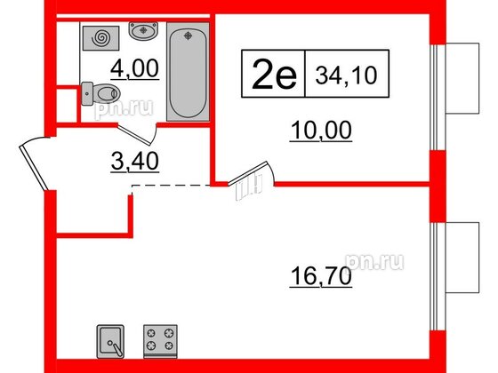 Квартира в ЖК Витебский парк, 1 комнатная, 34.1 м², 6 этаж