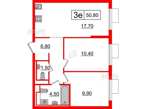 Квартира в ЖК Витебский парк, 2 комнатная, 50.8 м², 14 этаж