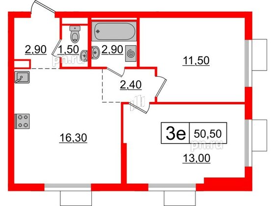 Квартира в ЖК Витебский парк, 2 комнатная, 50.5 м², 10 этаж