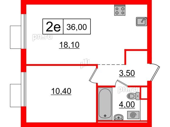 Квартира в ЖК Витебский парк, 1 комнатная, 36 м², 2 этаж