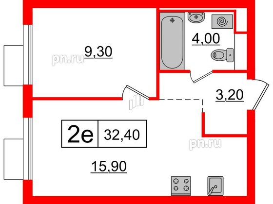 Квартира в ЖК Витебский парк, 1 комнатная, 32.4 м², 2 этаж