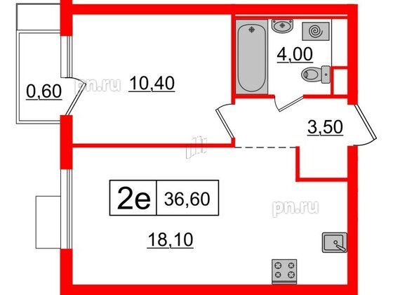 Квартира в ЖК Витебский парк, 1 комнатная, 36.6 м², 3 этаж