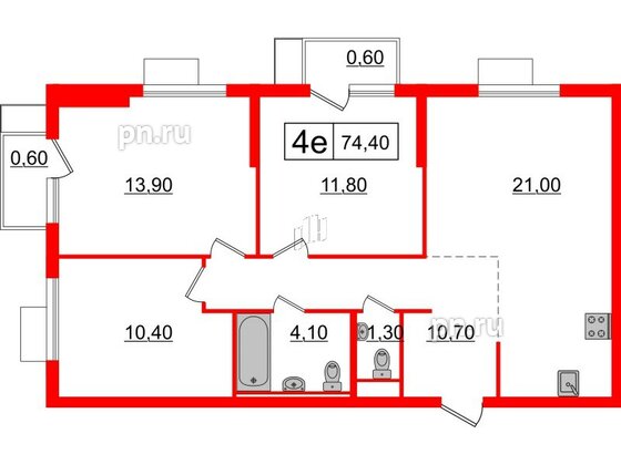 Квартира в ЖК Витебский парк, 3 комнатная, 74.4 м², 9 этаж