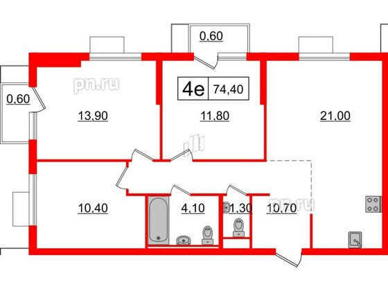 Квартира в ЖК Витебский парк, 3 комнатная, 74.4 м², 13 этаж