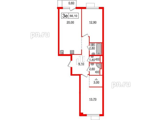 Квартира в ЖК Витебский парк, 2 комнатная, 66.1 м², 12 этаж