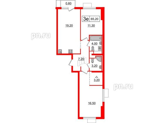 Квартира в ЖК Витебский парк, 2 комнатная, 65.2 м², 3 этаж