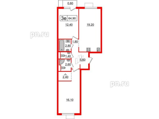 Квартира в ЖК Витебский парк, 2 комнатная, 64.9 м², 7 этаж