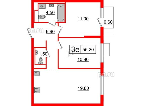 Квартира в ЖК Витебский парк, 2 комнатная, 55.2 м², 7 этаж