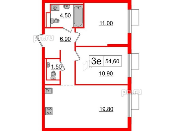 Квартира в ЖК Витебский парк, 2 комнатная, 54.6 м², 12 этаж