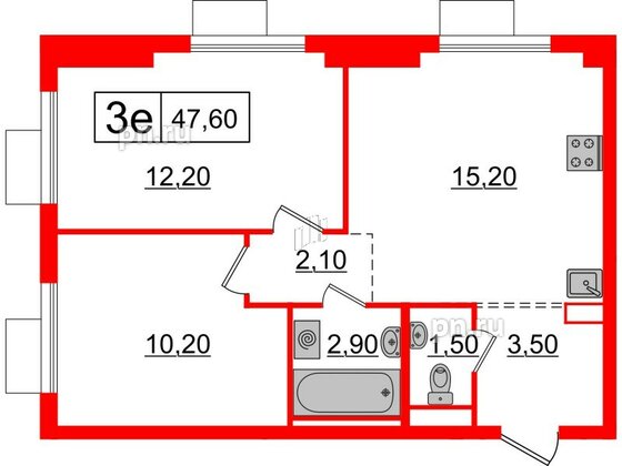 Квартира в ЖК Витебский парк, 2 комнатная, 47.6 м², 7 этаж