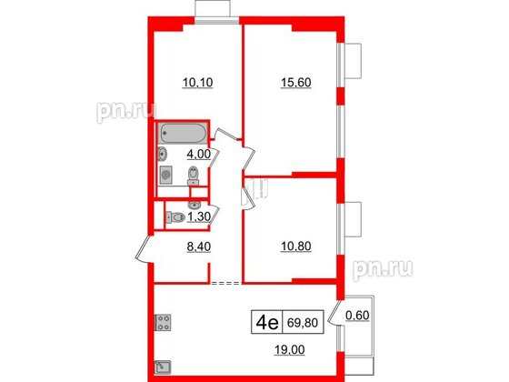 Квартира в ЖК Витебский парк, 3 комнатная, 69.8 м², 6 этаж