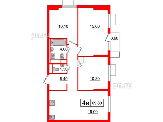 Квартира в ЖК Витебский парк, 3 комнатная, 69.8 м², 9 этаж