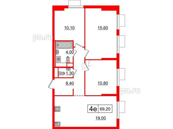 Квартира в ЖК Витебский парк, 3 комнатная, 69.2 м², 12 этаж