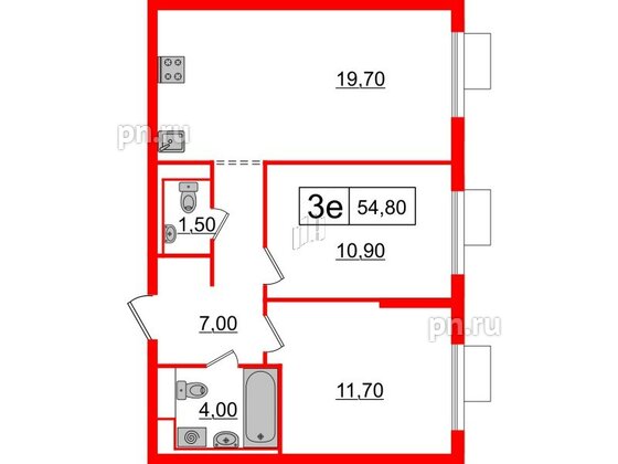 Квартира в ЖК Витебский парк, 2 комнатная, 54.8 м², 12 этаж