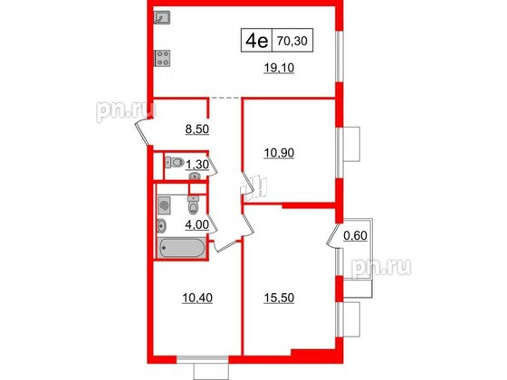 Квартира в ЖК Витебский парк, 3 комнатная, 70.3 м², 4 этаж