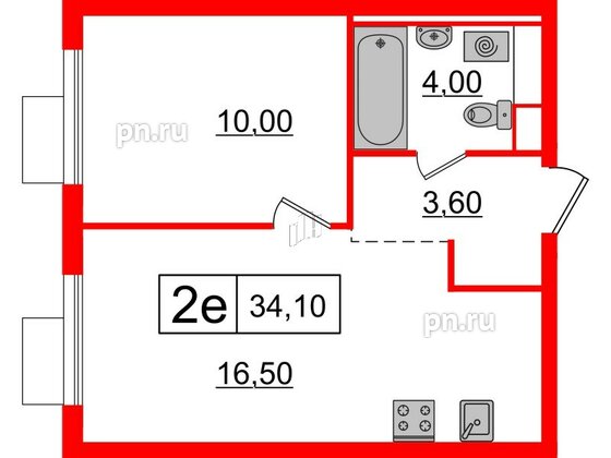 Квартира в ЖК Витебский парк, 1 комнатная, 34.1 м², 6 этаж