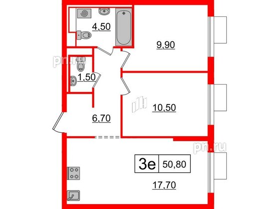 Квартира в ЖК Витебский парк, 2 комнатная, 50.8 м², 2 этаж