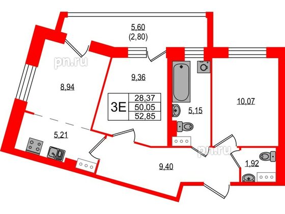 Квартира в ЖК Курортный квартал, 2 комнатная, 52.85 м², 5 этаж