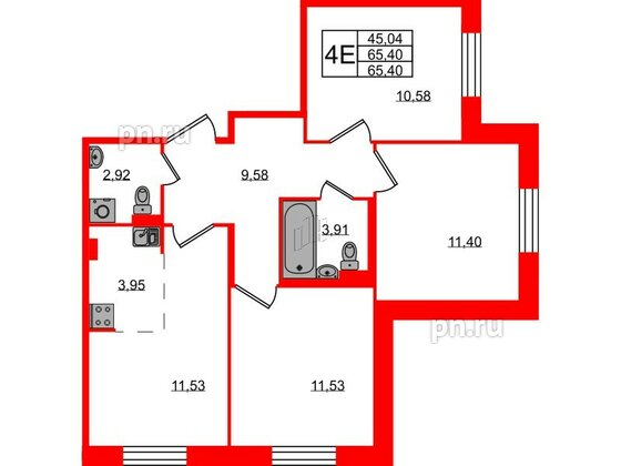 Квартира в ЖК Курортный квартал, 3 комнатная, 65.4 м², 1 этаж