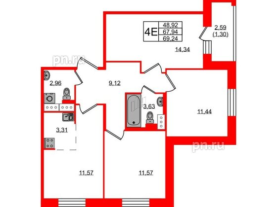 Квартира в ЖК Курортный квартал, 3 комнатная, 69.24 м², 4 этаж