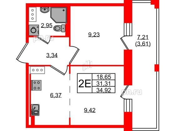 Квартира в ЖК Курортный квартал, 1 комнатная, 34.92 м², 7 этаж