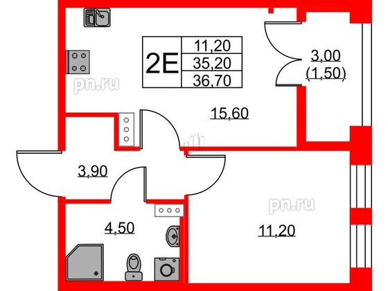 Квартира в ЖК NEWПИТЕР, 1 комнатная, 36.7 м², 2 этаж