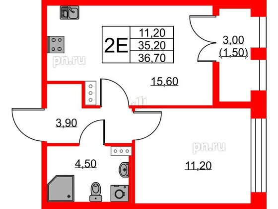 Квартира в ЖК NEWПИТЕР, 1 комнатная, 36.7 м², 7 этаж