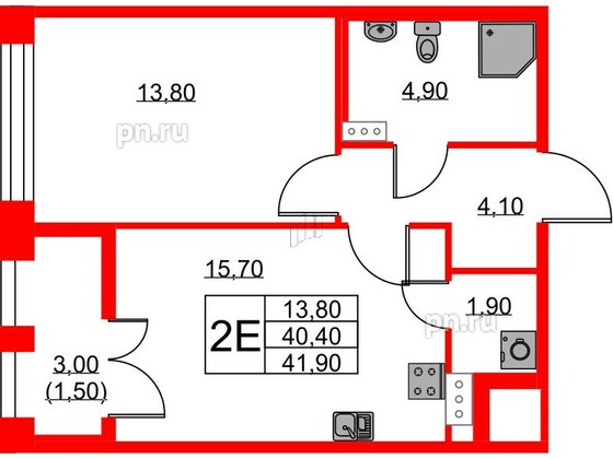 Квартира в ЖК NEWПИТЕР, 1 комнатная, 41.9 м², 2 этаж