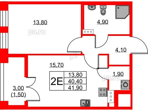 Квартира в ЖК NEWПИТЕР, 1 комнатная, 41.9 м², 3 этаж