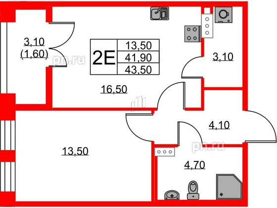 Квартира в ЖК NEWПИТЕР, 1 комнатная, 43.5 м², 2 этаж