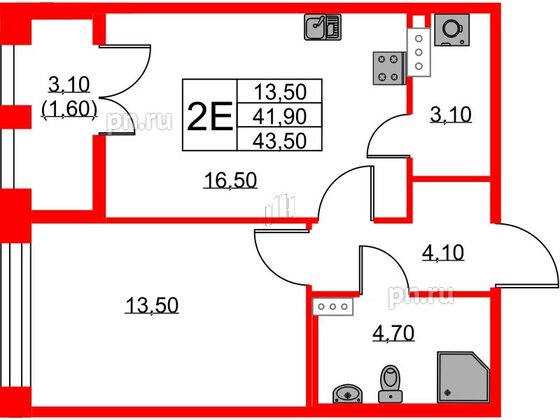 Квартира в ЖК NEWПИТЕР, 1 комнатная, 43.5 м², 5 этаж