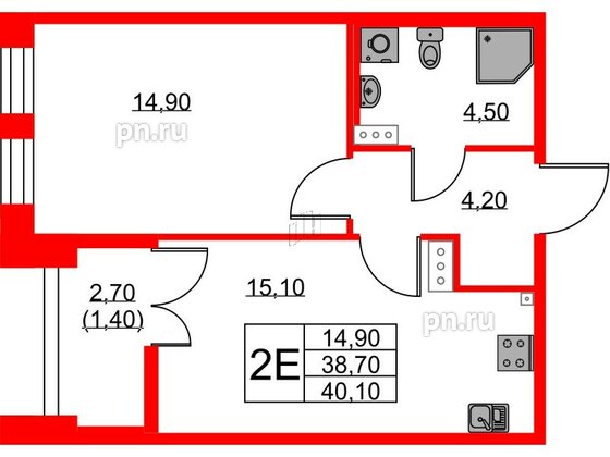 Квартира в ЖК NEWПИТЕР, 1 комнатная, 40.1 м², 7 этаж