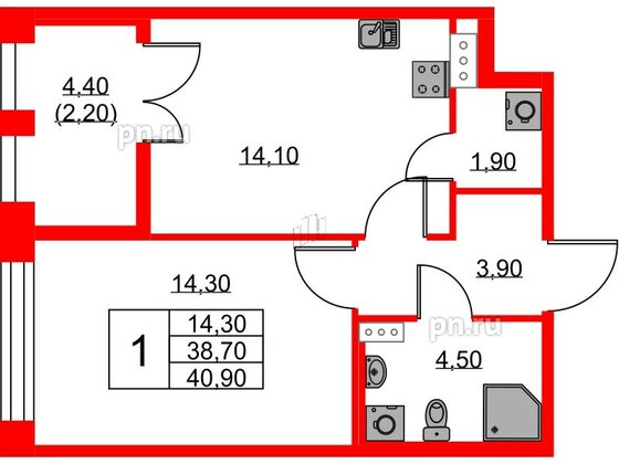 Квартира в ЖК NEWПИТЕР, 1 комнатная, 40.9 м², 7 этаж