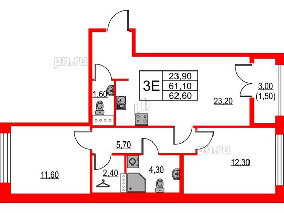 Квартира в ЖК NEWПИТЕР, 2 комнатная, 62.6 м², 2 этаж