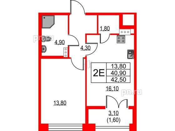 Квартира в ЖК NEWПИТЕР, 1 комнатная, 42.5 м², 2 этаж