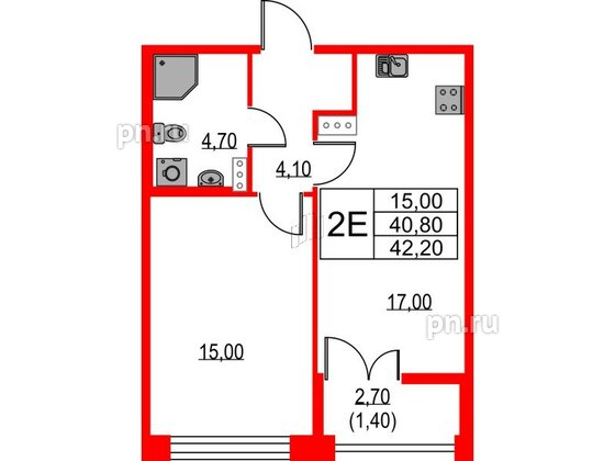 Квартира в ЖК NEWПИТЕР, 1 комнатная, 42.2 м², 4 этаж