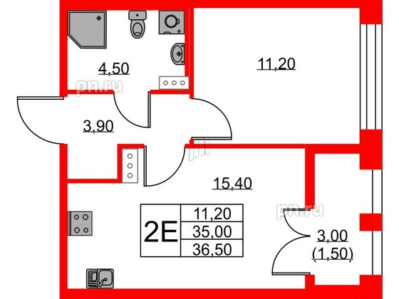 Квартира в ЖК NEWПИТЕР, 1 комнатная, 36.5 м², 2 этаж