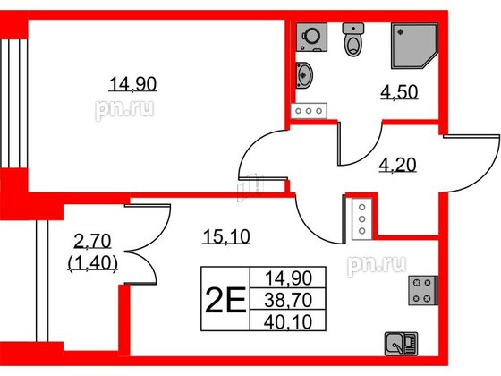 Квартира в ЖК NEWПИТЕР, 1 комнатная, 40.1 м², 2 этаж