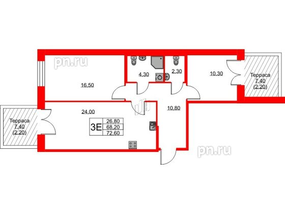 Квартира в ЖК NEWПИТЕР, 2 комнатная, 72.6 м², 1 этаж