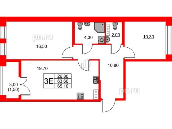 Квартира в ЖК NEWПИТЕР, 2 комнатная, 65.1 м², 7 этаж