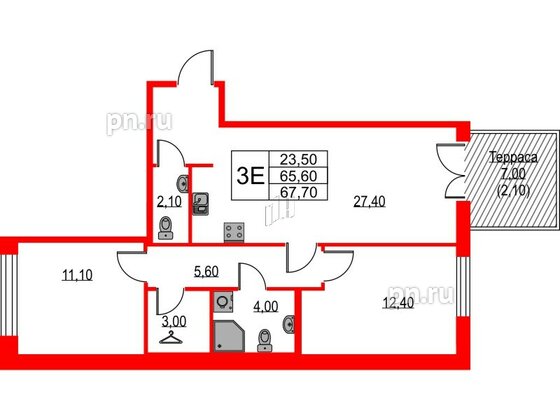 Квартира в ЖК NEWПИТЕР, 2 комнатная, 67.7 м², 1 этаж